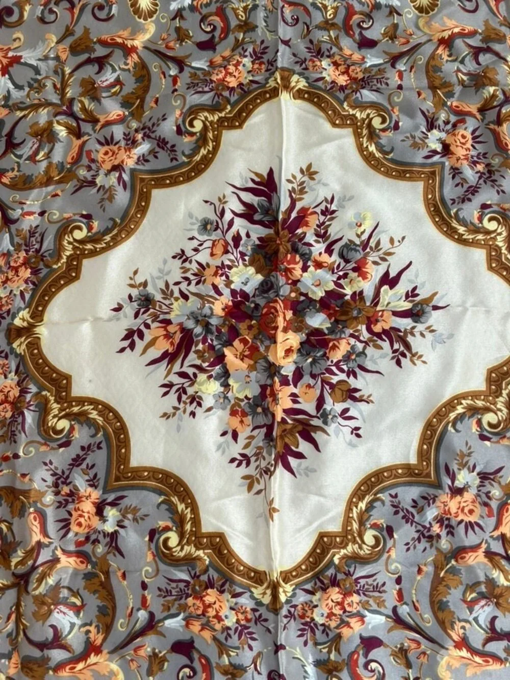 Oscar de la Renta gold burgundy floral Silk vintage Spring hand sewn scarf 31 sq